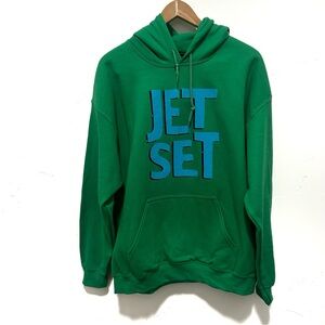 NEW Alla Berman Women's Green Jet Set Kangaroo Pocket Graphic Hoodie Sweater